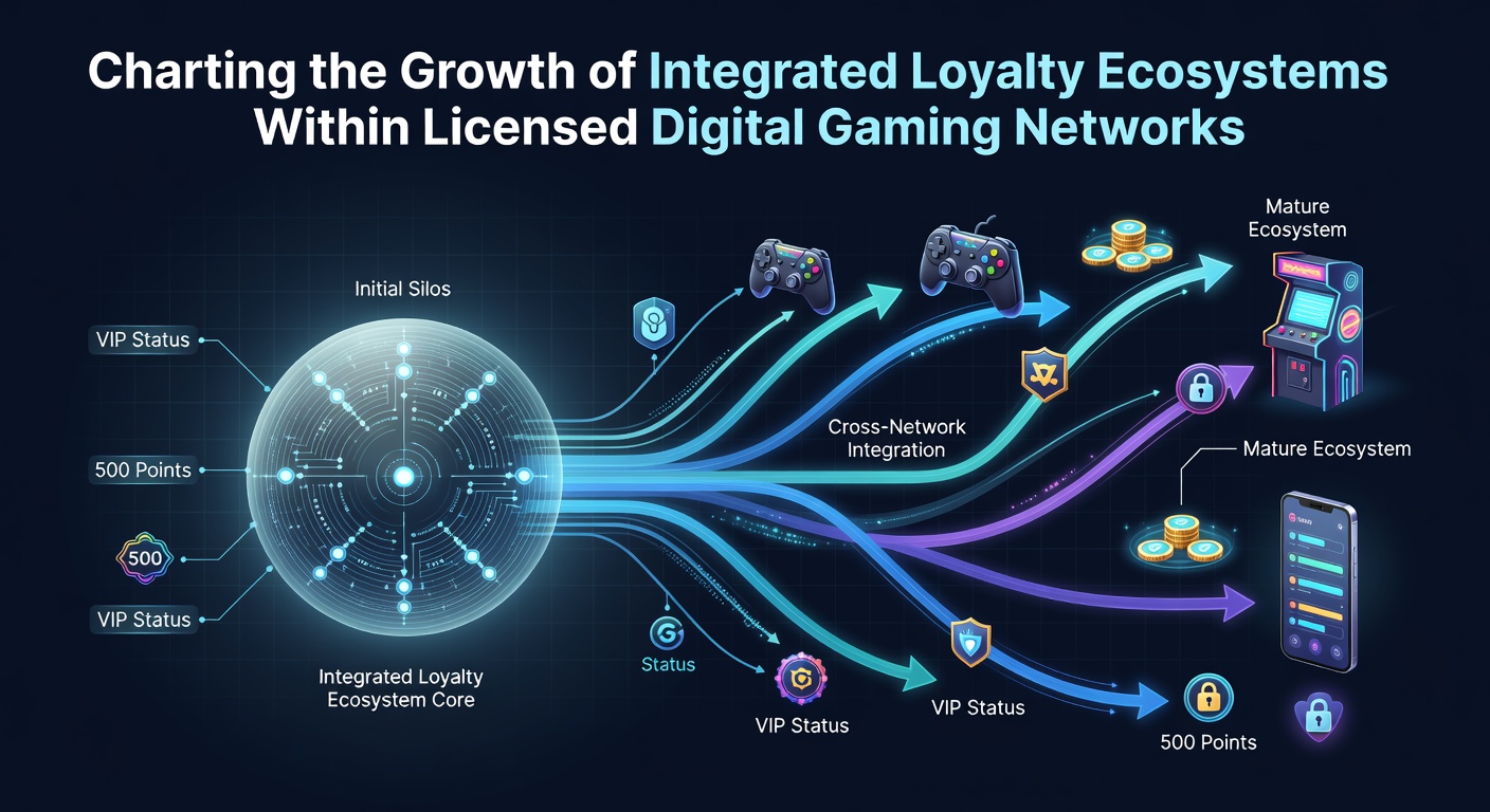 Digital interface showing interconnected loyalty points flowing across multiple licensed gaming platforms with network nodes and reward icons