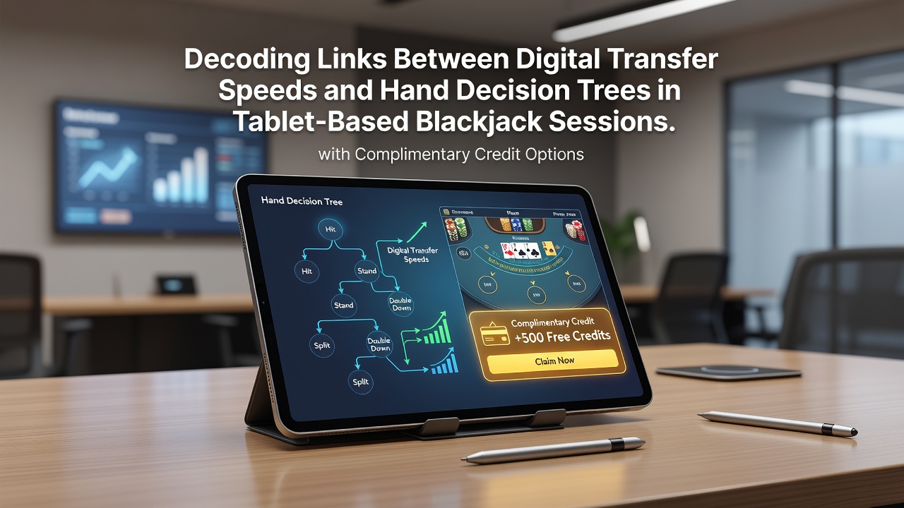 Tablet screen showing blackjack gameplay with overlaid decision tree branches and network speed metrics