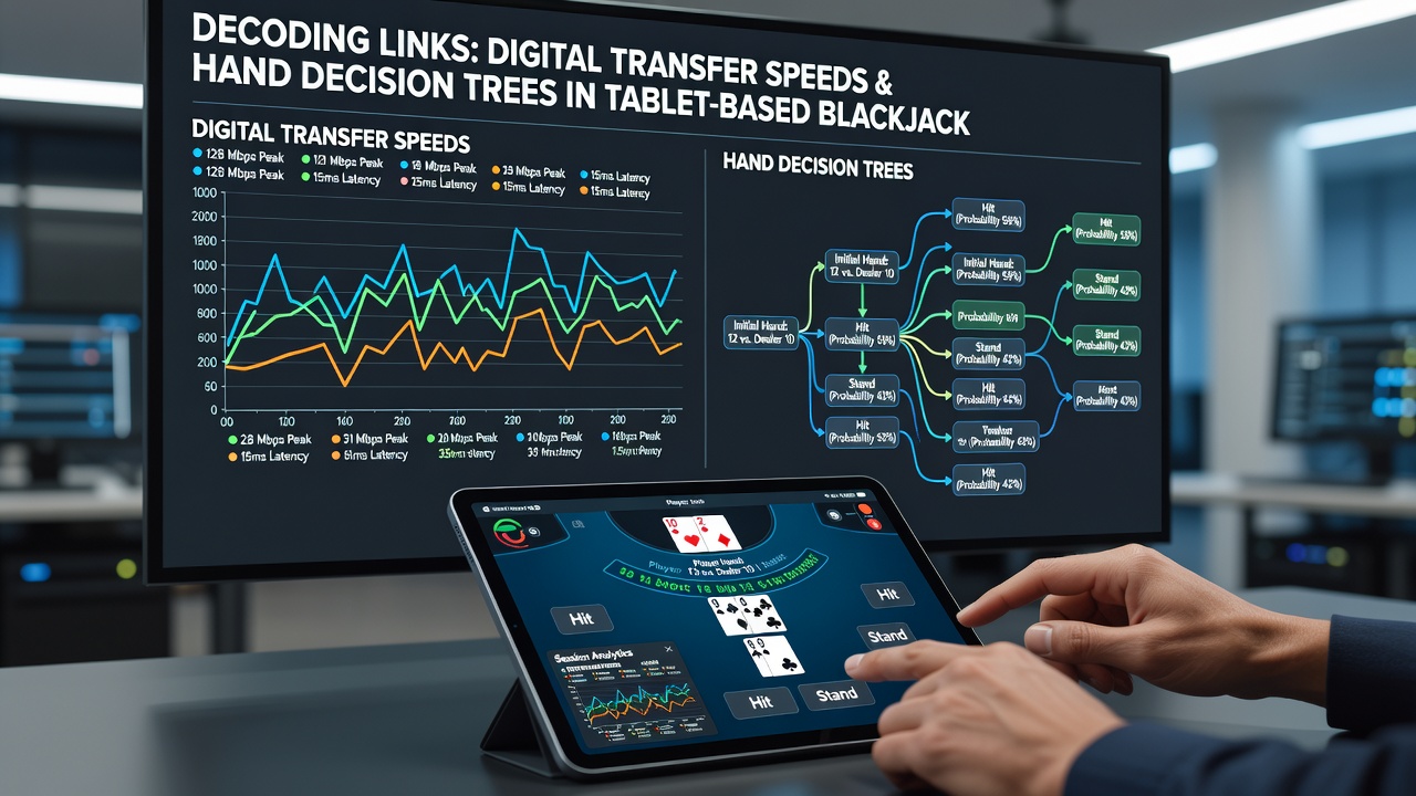 Close-up of tablet interface illustrating synchronization between credit transfer status and blackjack decision pathways