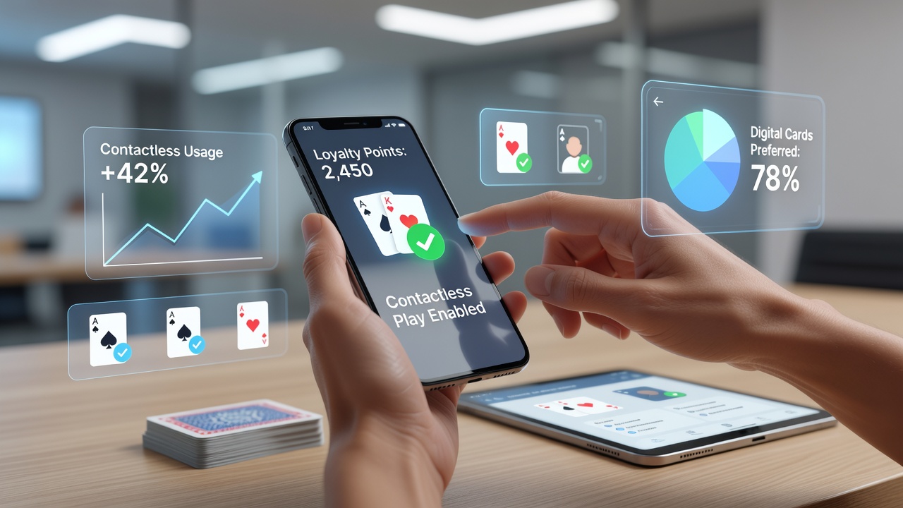 Contactless payment interface integrated into a mobile card game loyalty app showing NFC tap options and reward points accumulation