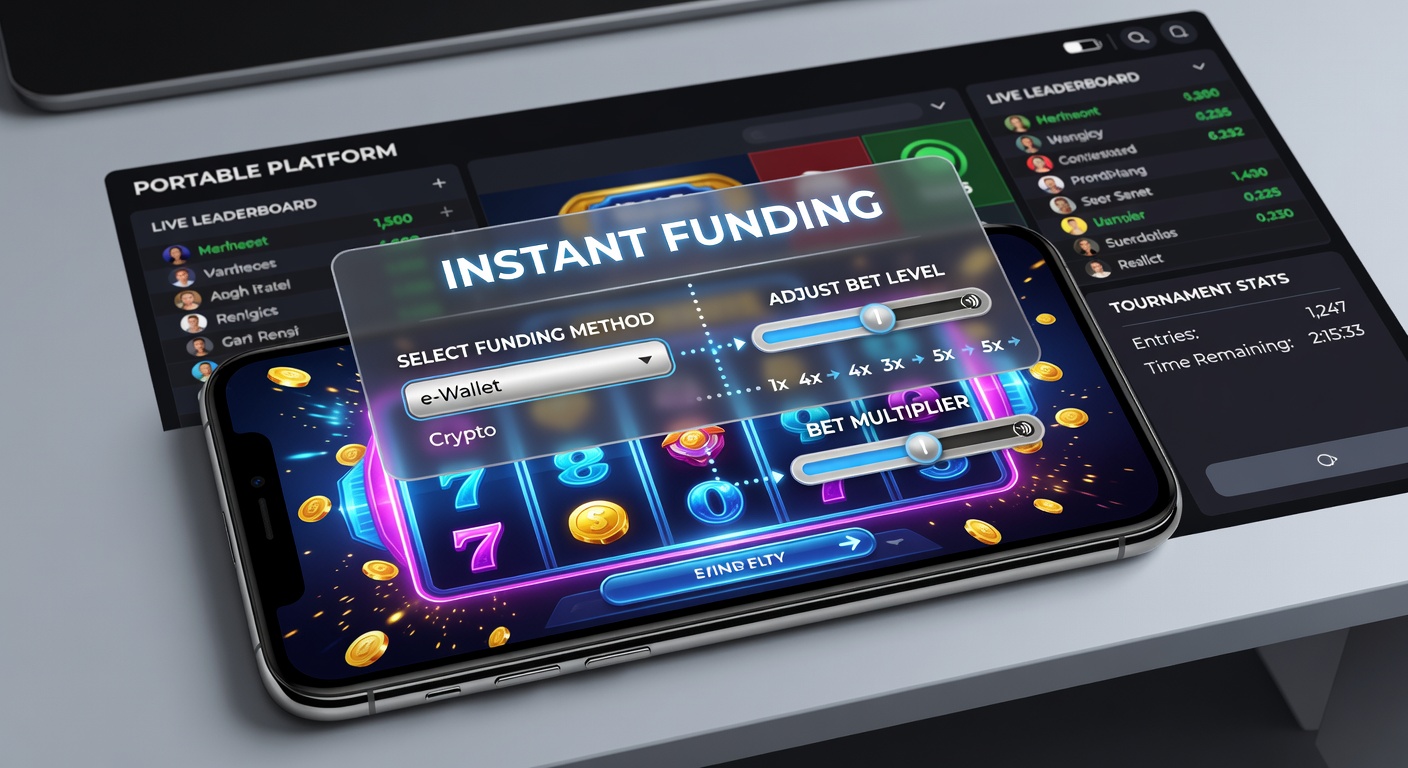 Close-up of a portable device displaying no-deposit slot tournament leaderboard alongside instant funding confirmation and bet slider controls