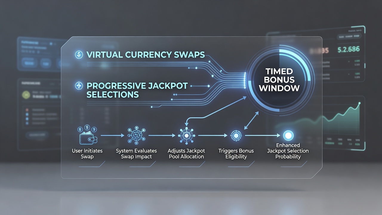 Mobile app interface displaying progressive jackpot meters updating after virtual currency conversions in a timed bonus session