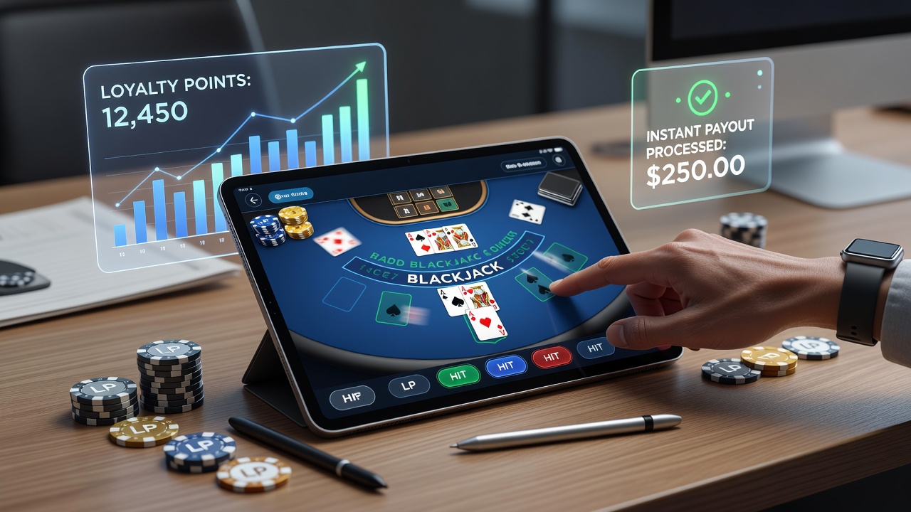 Mobile app interface showing loyalty points tracker alongside a touchscreen blackjack table with instant payout confirmation