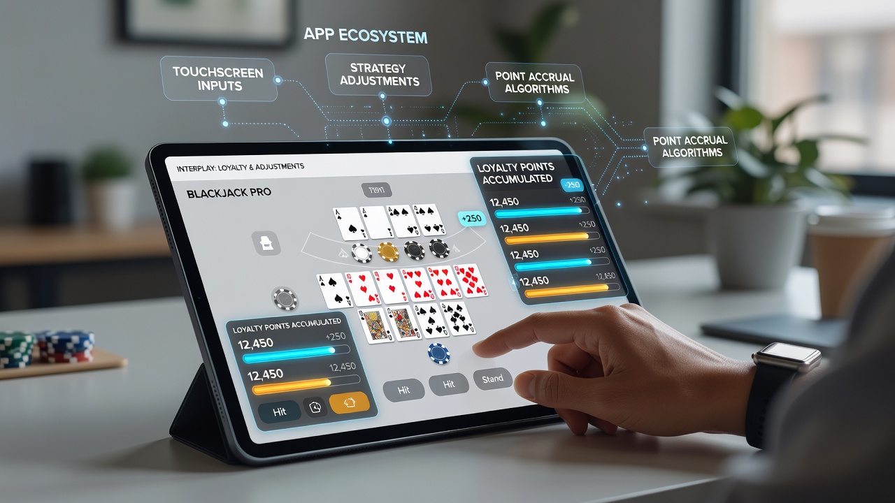 Close-up of digital wallet integration in a blackjack app displaying loyalty rewards and same-day payout processing
